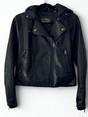 Levi's Hooded Faux Leather Biker Jacket Black Zip Pockets Women's XS
